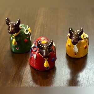 Set of 3 colorful, Brazilian hand-painted, terracotta clay folk art figurines